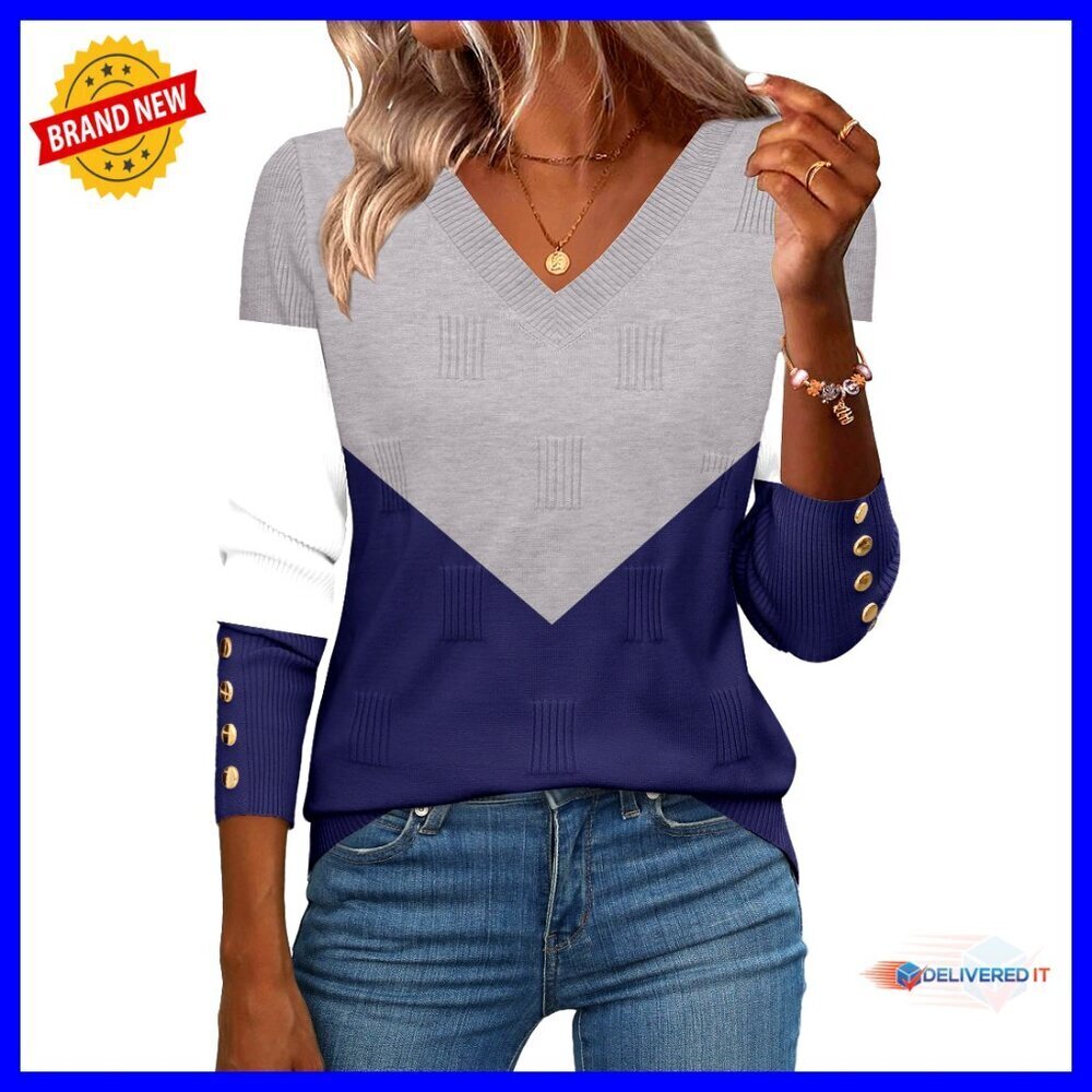V-Neck Ribbed Knit Pullover Sweater Lightweight Long Sleeve Button Cuff Blouse
